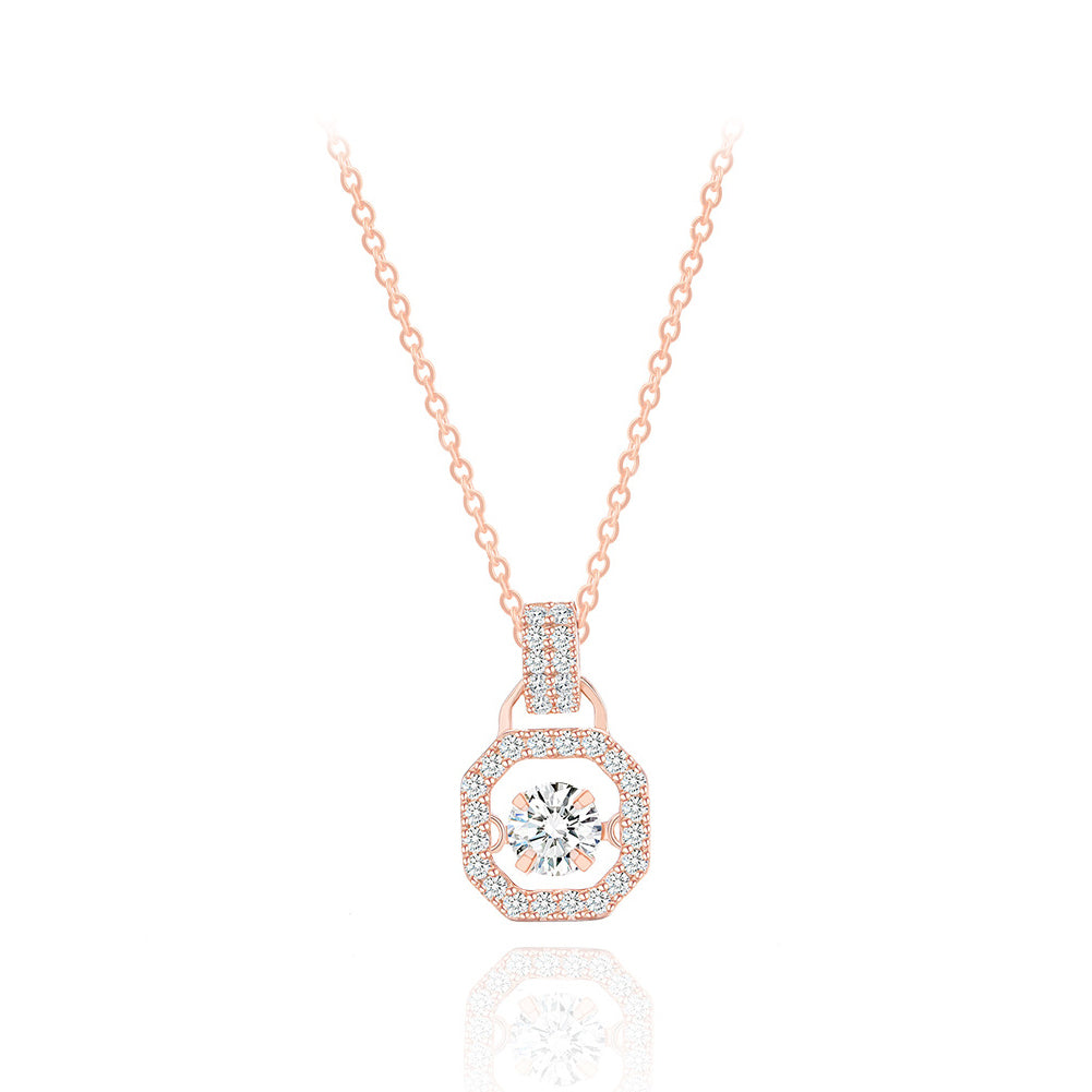 925 Sterling Silver Plated Rose Gold Fashion Bright Geometric Pendant with Cubic Zirconia and Necklace