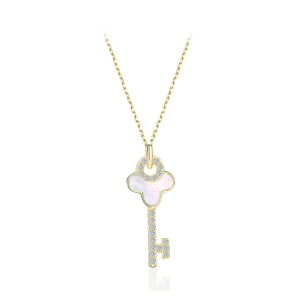 925 Sterling Silver Plated Gold Fashion and Elegant Shell Key Pendant with Cubic Zirconia and Necklace