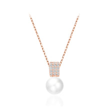 Load image into Gallery viewer, 925 Sterling Silver Plated Rose Gold Elegant and Bright Geometric Imitation Pearl Pendant with Cubic Zirconia and Necklace