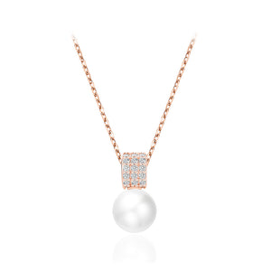 925 Sterling Silver Plated Rose Gold Elegant and Bright Geometric Imitation Pearl Pendant with Cubic Zirconia and Necklace
