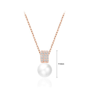 925 Sterling Silver Plated Rose Gold Elegant and Bright Geometric Imitation Pearl Pendant with Cubic Zirconia and Necklace