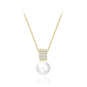 925 Sterling Silver Plated Gold Elegant and Bright Geometric Imitation Pearl Pendant with Cubic Zirconia and Necklace