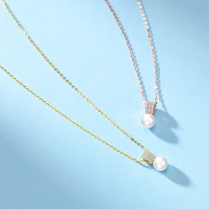 925 Sterling Silver Plated Gold Elegant and Bright Geometric Imitation Pearl Pendant with Cubic Zirconia and Necklace