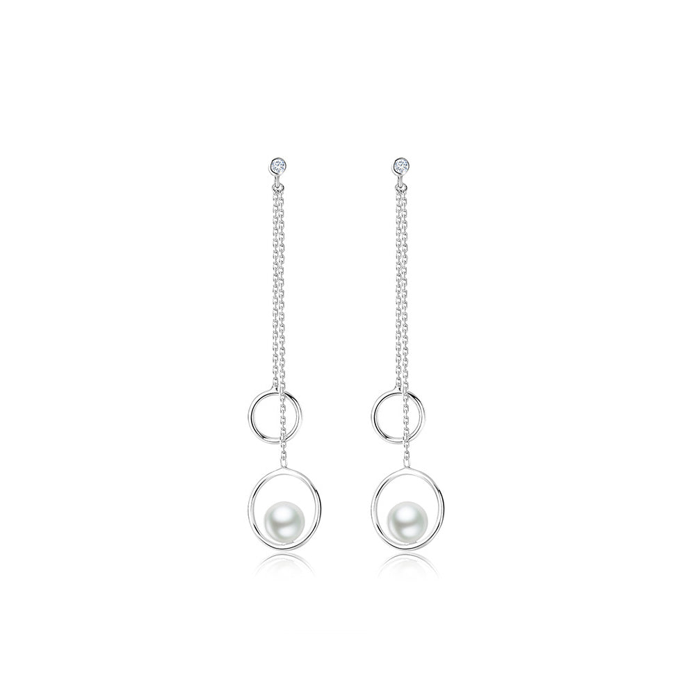 925 Sterling Silver Simple Temperament Geometric Round Tassel Earrings with Imitation Pearls