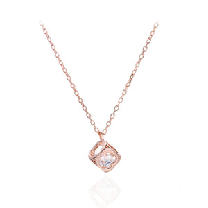 925 Sterling Silver Plated Rose Gold Fashion Simple Hollow Square Pendant with Cubic Zirconia and Necklace