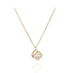 925 Sterling Silver Plated Gold Fashion Simple Hollow Square Pendant with Cubic Zirconia and Necklace