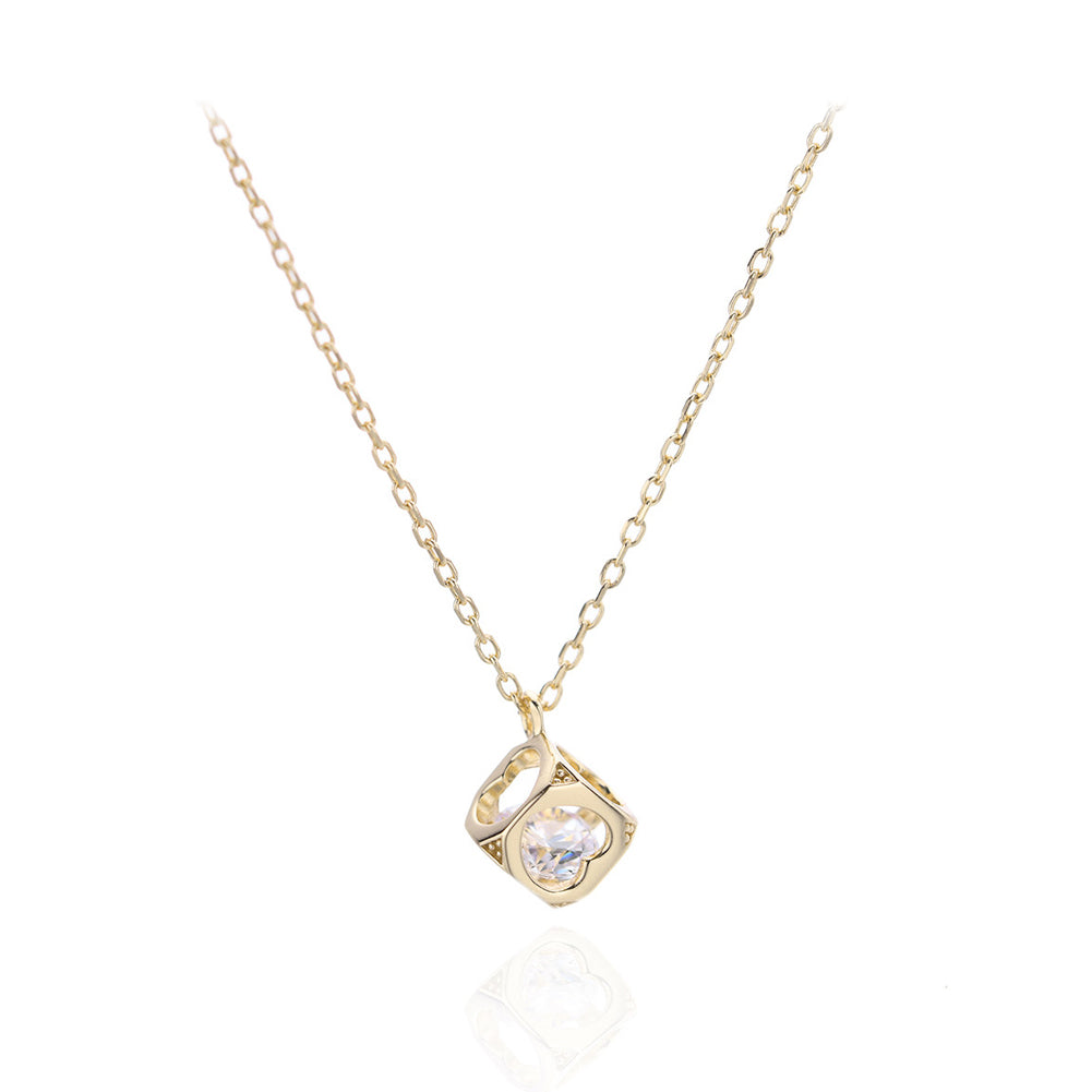 925 Sterling Silver Plated Gold Fashion Simple Hollow Square Pendant with Cubic Zirconia and Necklace