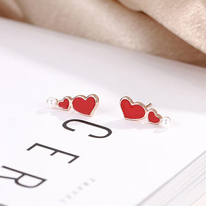 925 Sterling Silver Plated Rose Gold Simple Romantic Double Heart-shaped Stud Earrings with Imitation Pearls