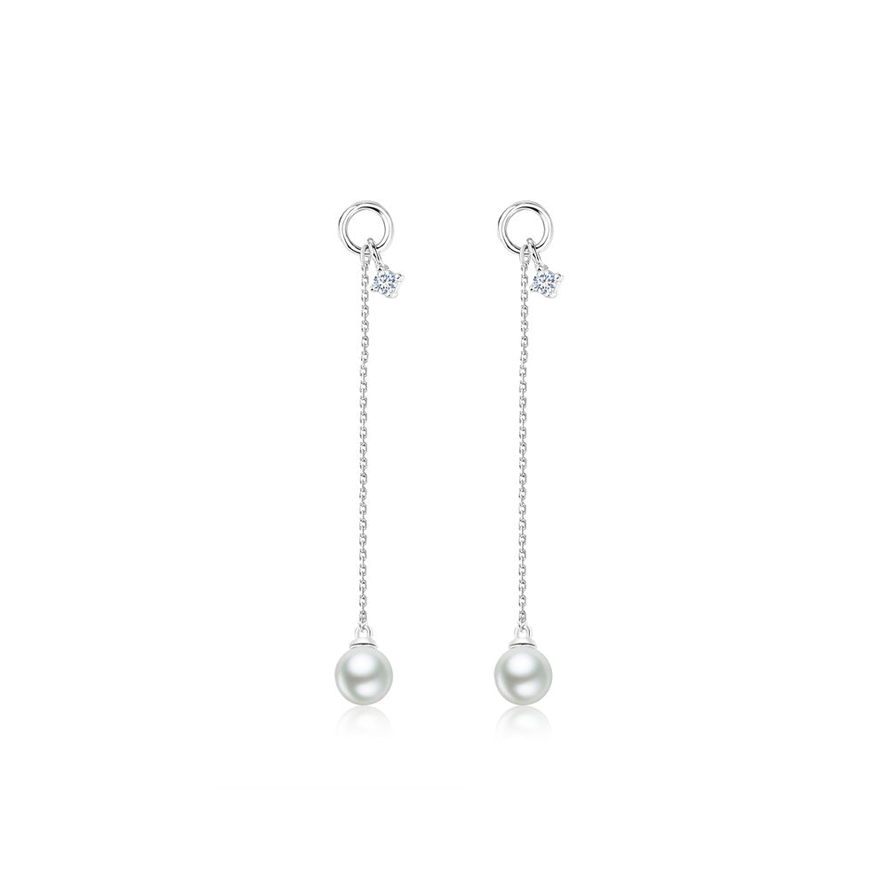 925 Sterling Silver Fashion Simple Geometric Round Imitation Pearl Tassel Earrings