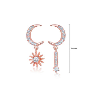 925 Sterling Silver Plated Rose Gold Simple Fashion Moon Star Asymmetrical Stud Earrings with Cubic Zirconia
