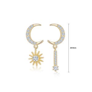 925 Sterling Silver Plated Gold Simple Fashion Moon Star Asymmetrical Stud Earrings with Cubic Zirconia