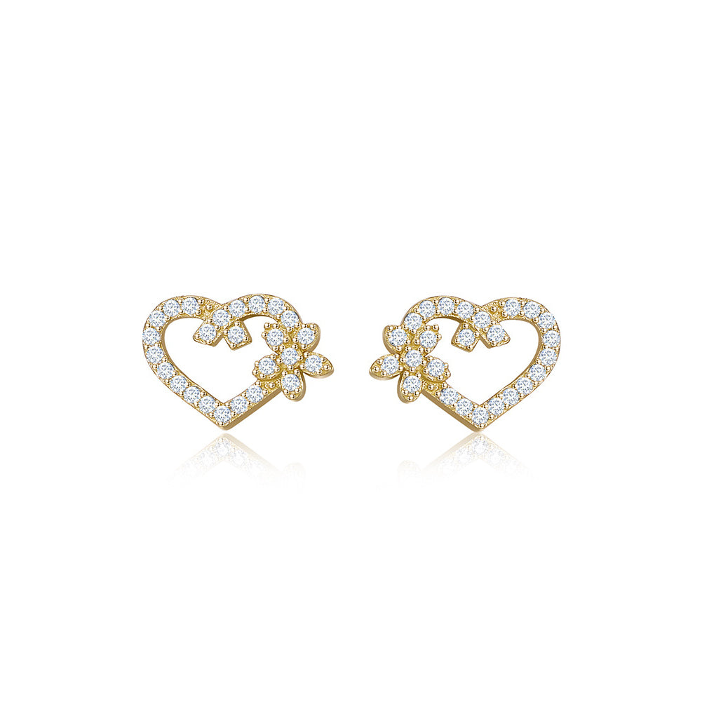925 Sterling Silver Plated Gold Simple and Bright Hollow Heart-shaped Flower Stud Earrings with Cubic Zirconia