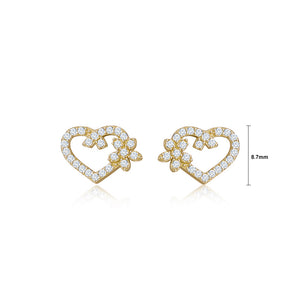 925 Sterling Silver Plated Gold Simple and Bright Hollow Heart-shaped Flower Stud Earrings with Cubic Zirconia