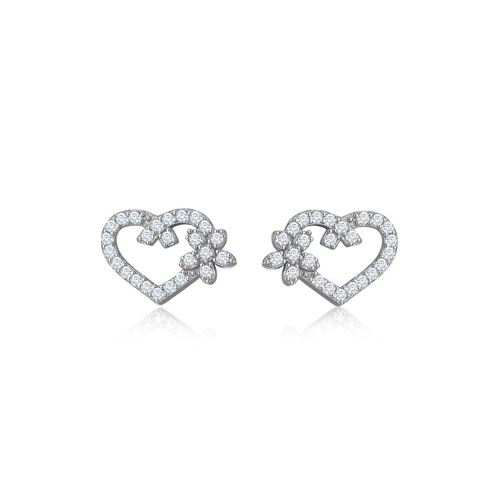 925 Sterling Silver Simple and Bright Hollow Heart-shaped Flower Stud Earrings with Cubic Zirconia