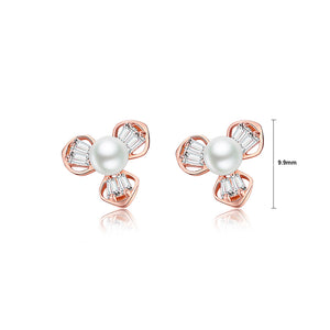925 Sterling Silver Plated Rose Gold Fashion Simple Flower Imitation Pearl Stud Earrings with Cubic Zirconia
