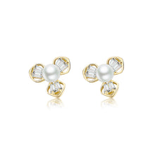Load image into Gallery viewer, 925 Sterling Silver Plated Gold Fashion Simple Flower Imitation Pearl Stud Earrings with Cubic Zirconia