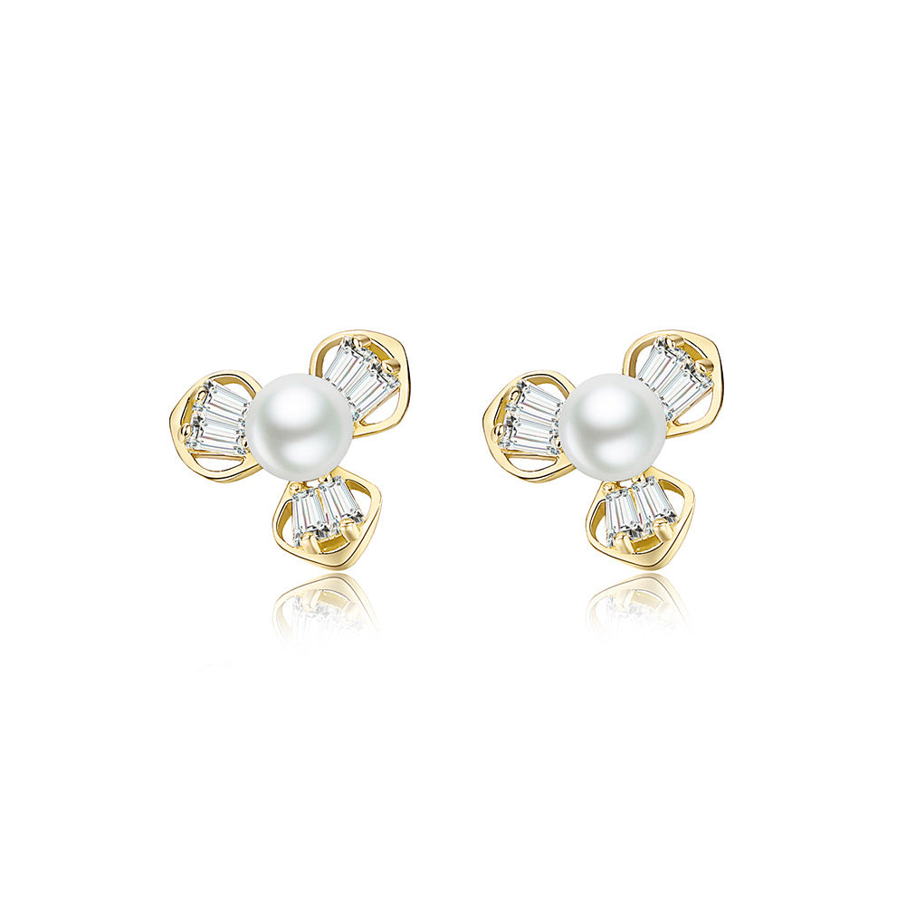 925 Sterling Silver Plated Gold Fashion Simple Flower Imitation Pearl Stud Earrings with Cubic Zirconia