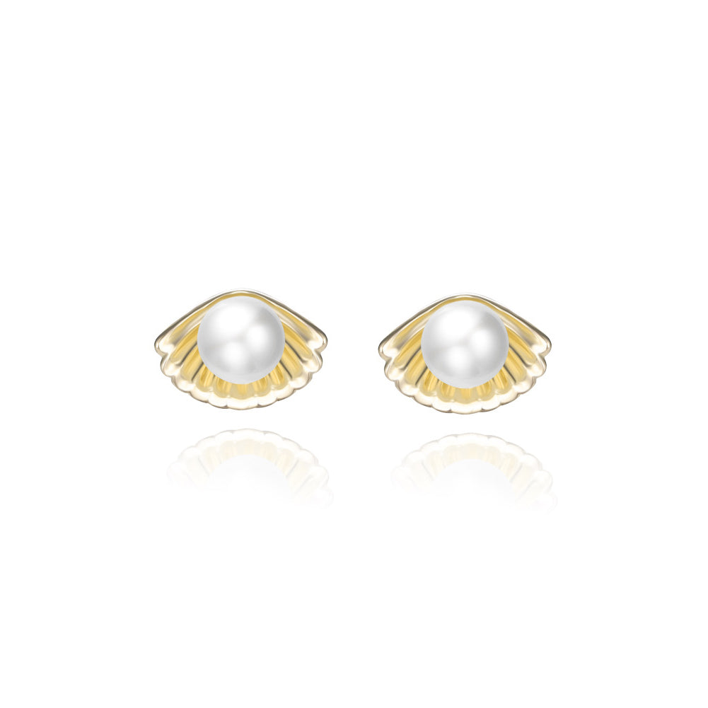 925 Sterling Silver Plated Gold Fashion Simple Shell Imitation Pearl Stud Earrings