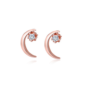 925 Sterling Silver Plated Rose Gold Simple Temperament Moon Stud Earrings with Cubic Zirconia