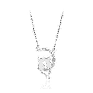 925 Sterling Silver Simple Cute Double Cat Moon Pendant with Cubic Zirconia and Necklace