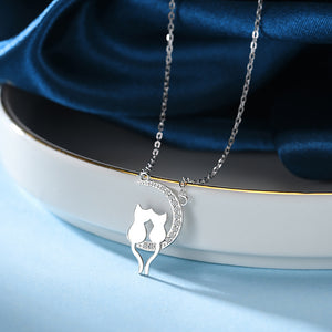 925 Sterling Silver Simple Cute Double Cat Moon Pendant with Cubic Zirconia and Necklace