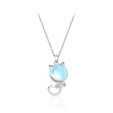 925 Sterling Silver Simple Cute Cat Imitation Moonstone Pendant with Cubic Zirconia and Necklace