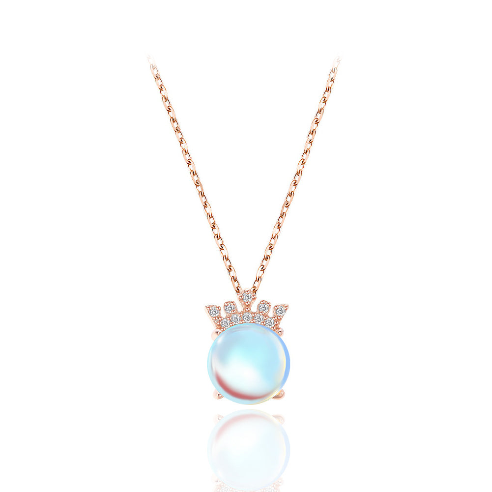 925 Sterling Silver Plated Rose Gold Fashion Temperament Crown Imitation Moonstone Pendant with Cubic Zirconia and Necklace