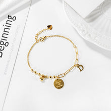 Load image into Gallery viewer, Fashion Simple Plated Gold Geometric Round Plate Alphabet D 316L Stainless Steel Bracelet