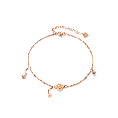 Simple and Cute Plated Rose Gold Smiling Face Geometric Round 316L Stainless Steel Anklet with Cubic Zirconia