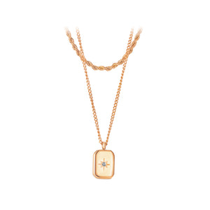 Simple and Fashion Plated Rose Gold Star Cubic Zirconia Geometric Square 316L Stainless Steel Pendant with Double-layer Necklace