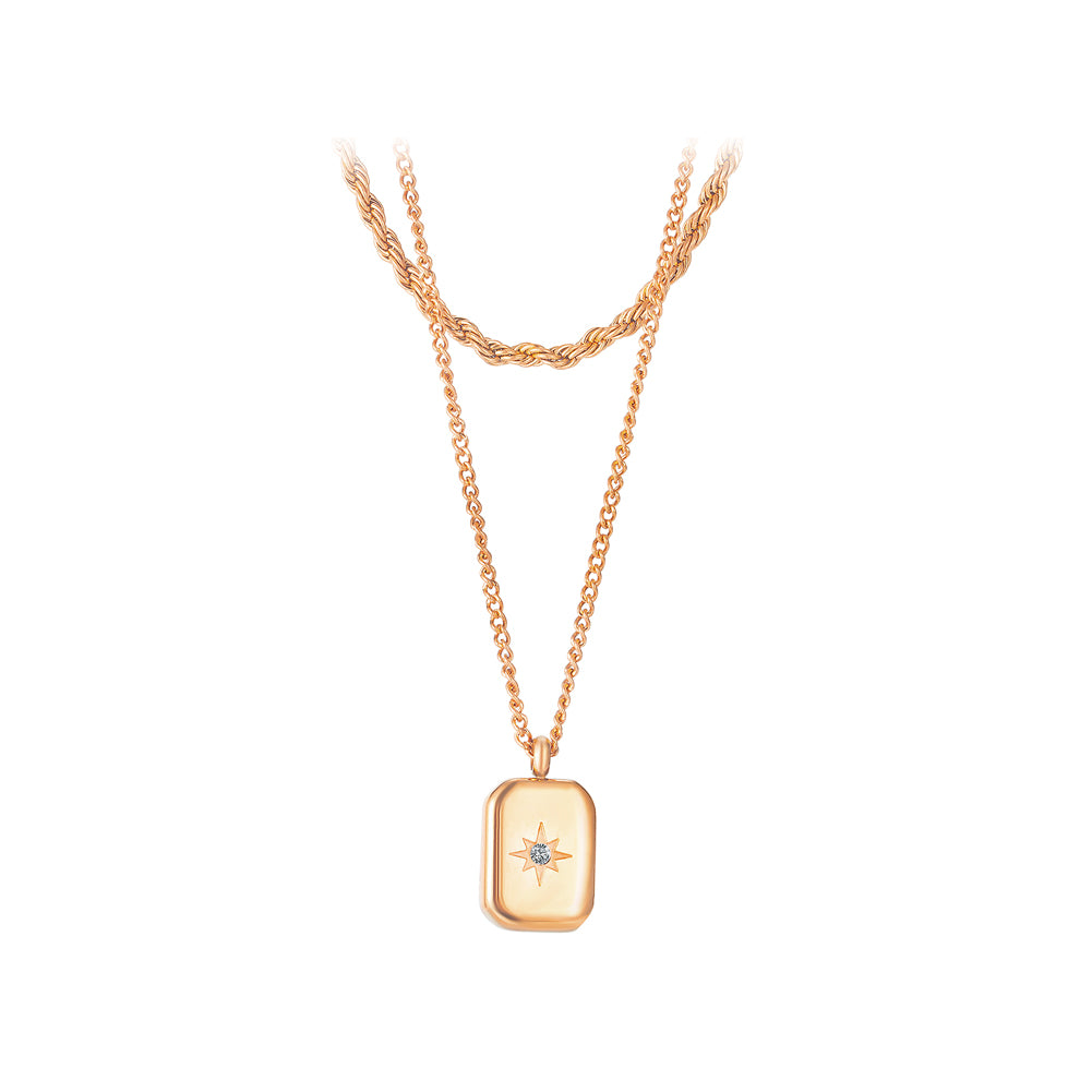 Simple and Fashion Plated Rose Gold Star Cubic Zirconia Geometric Square 316L Stainless Steel Pendant with Double-layer Necklace