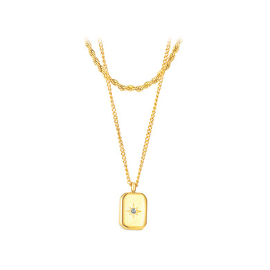 Simple and Fashion Plated Gold Star Cubic Zirconia Geometric Square 316L Stainless Steel Pendant with Double-layer Necklace