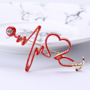 Fashion Temperament Plated Gold Enamel Red ECG Heart-shaped Brooch with Cubic Zirconia