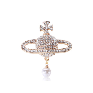 Fashion Bright Plated Gold Planet Imitation Pearl Brooch with Cubic Zirconia