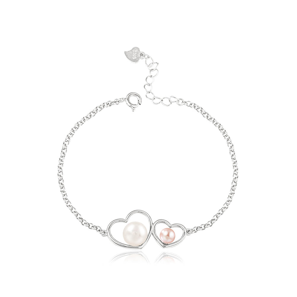 925 Sterling Silver Simple Temperament Double Heart-shaped Freshwater Pearl Bracelet