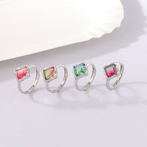 925 Sterling Silver Simple Fashion Geometric Diamond Adjustable Ring with Green Cubic Zirconia