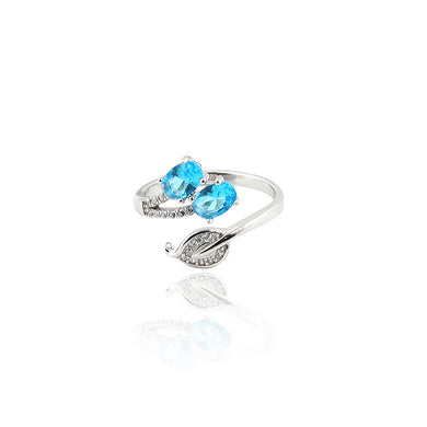 925 Sterling Silver Simple Fashion Leaf Adjustable Opening Ring with Blue Cubic Zirconia