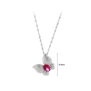 925 Sterling Silver Fashion and Elegant Butterfly Rose Red Cubic Zirconia Pendant with Necklace