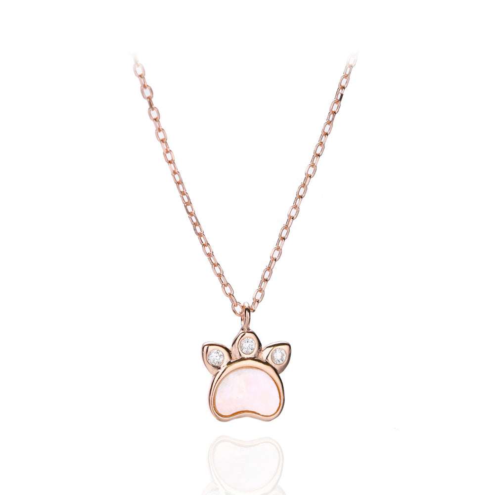 925 Sterling Silver Plated Rose Gold Simple Cute Dog Paw Pendant with Cubic Zirconia and Necklace