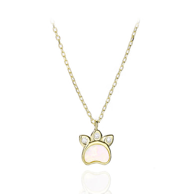 925 Sterling Silver Plated Gold Simple Cute Dog Paw Pendant with Cubic Zirconia and Necklace