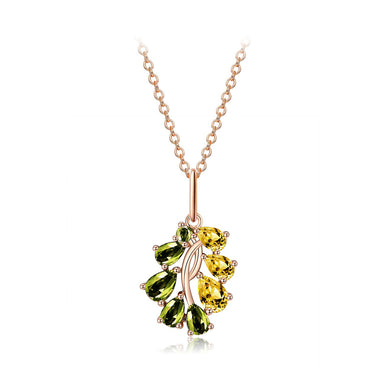 Fashion and Elegant Plated Rose Gold Leaf Pendant with Green Cubic Zirconia and Necklace