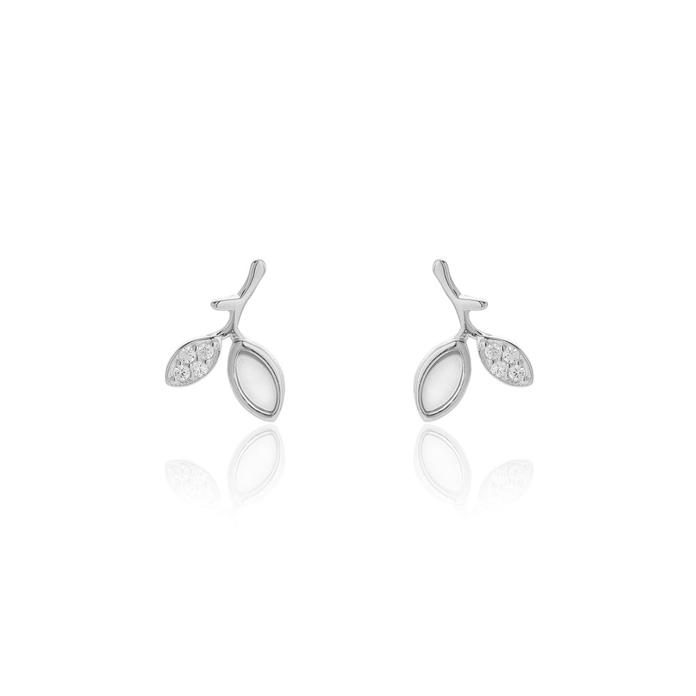 925 Sterling Silver Fashion Simple Leaf Stud Earrings with Cubic Zirconia