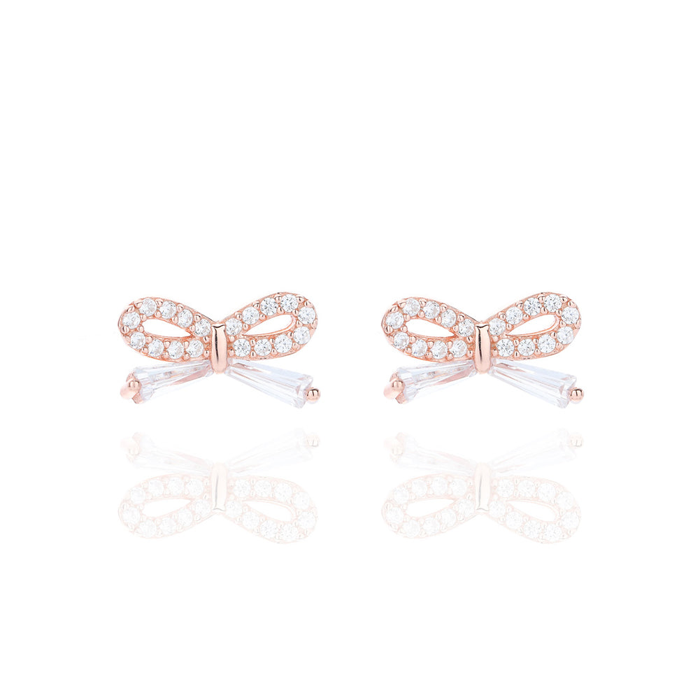 925 Sterling Silver Plated Rose Gold Simple Fashion Bow Stud Stud Earrings with Cubic Zirconia