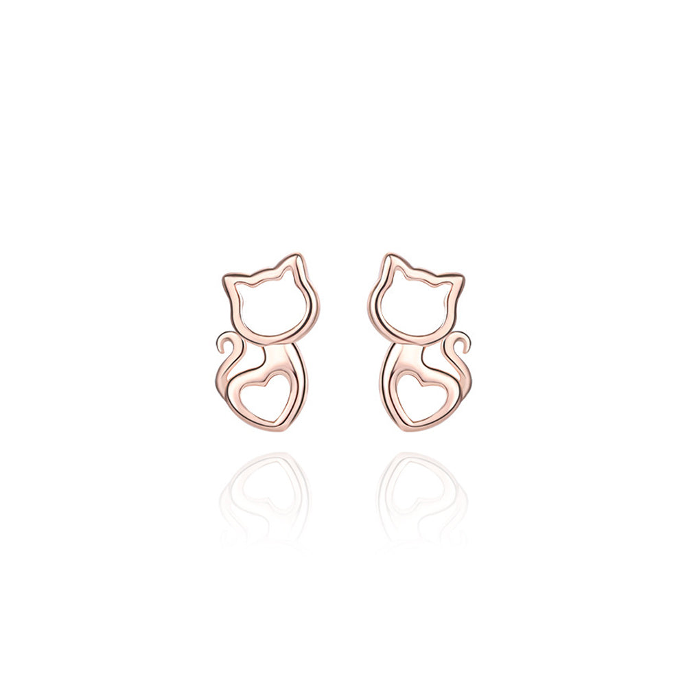 925 Sterling Silver Plated Rose Gold Simple and Cute Hollow Cat Heart Stud Earrings
