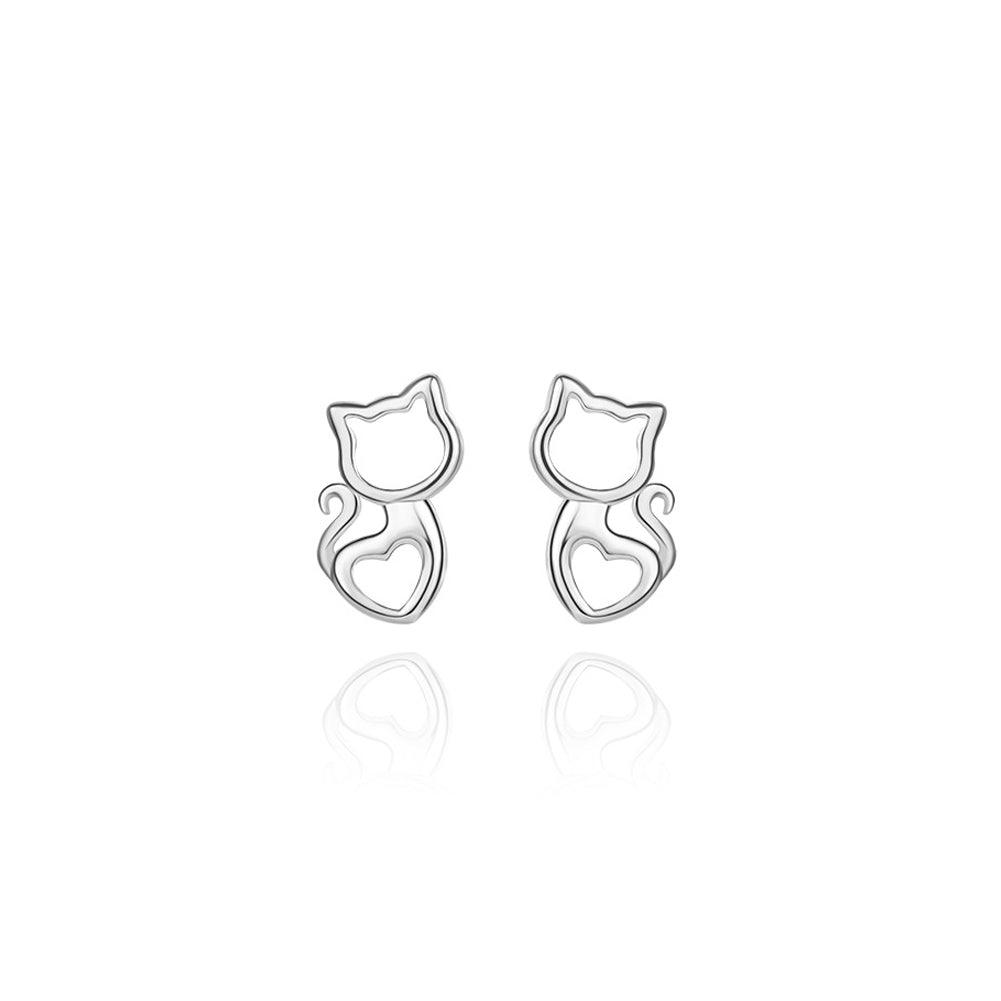 925 Sterling Silver Simple and Cute Hollow Cat Heart Stud Earrings