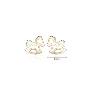 925 Sterling Silver Plated Gold Simple and Cute Hollow Wooden Horse Stud Earrings