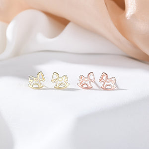925 Sterling Silver Plated Gold Simple and Cute Hollow Wooden Horse Stud Earrings