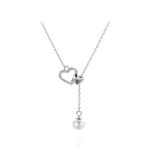 Load image into Gallery viewer, 925 Sterling Silver Fashion Romantic Double Heart-shaped Imitation Pearl Tassel Pendant with Cubic Zirconia and Necklace
