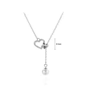 925 Sterling Silver Fashion Romantic Double Heart-shaped Imitation Pearl Tassel Pendant with Cubic Zirconia and Necklace