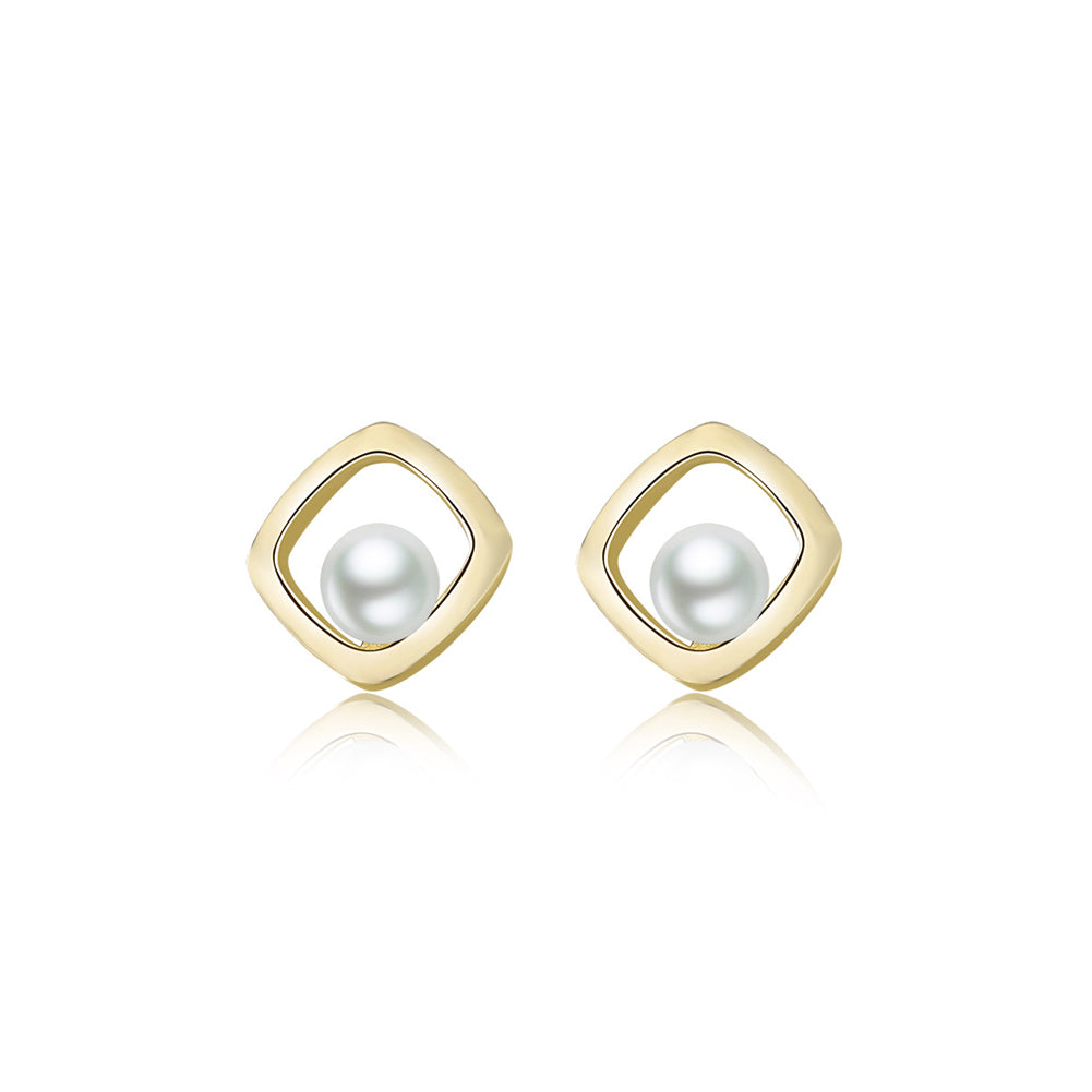 925 Sterling Silver Plated Gold Fashion Simple Geometric Diamond Imitation Pearl Stud Earrings